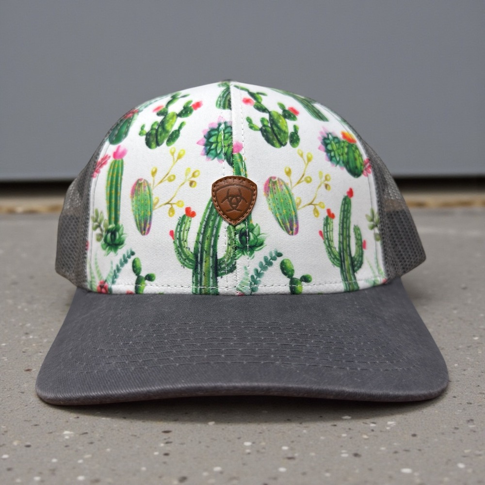 Ariat Mens Cactus Print Trucker Hat Gray Mesh Snapback Western Baseball Cap